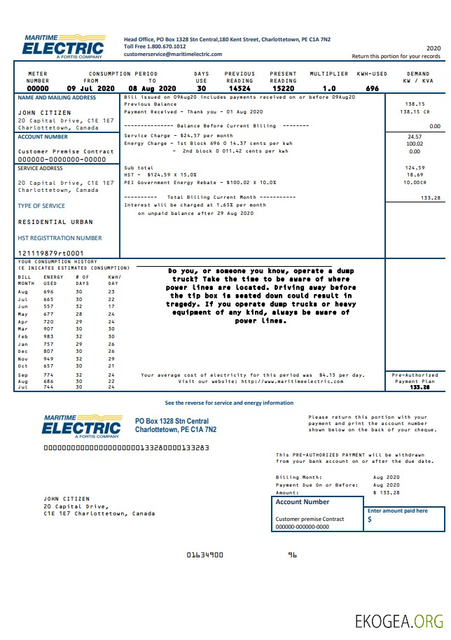 Canada Maritime Electric utility bill template in Word and PDF format